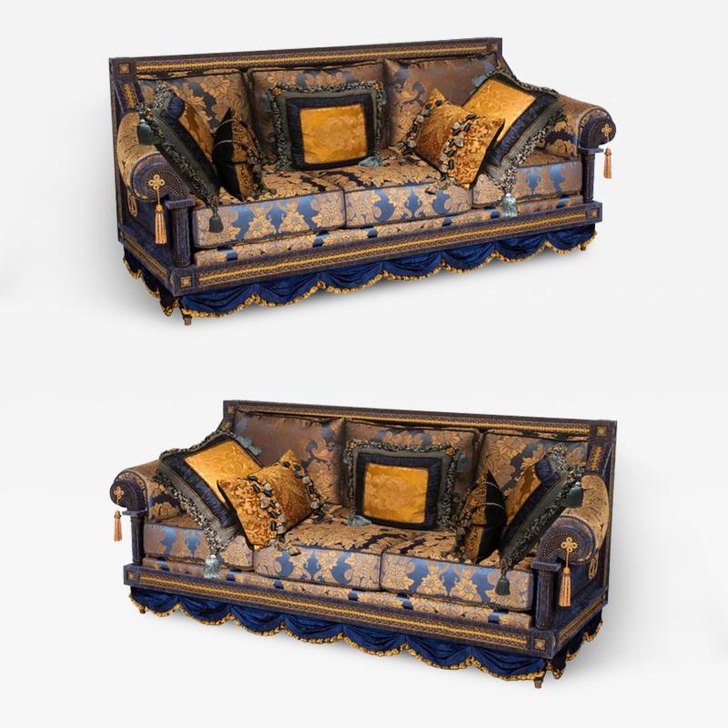 Alberto Pinto Opulent Pair of French Royal Blue Gold Silk Damask Three Cushion Sofas Couches