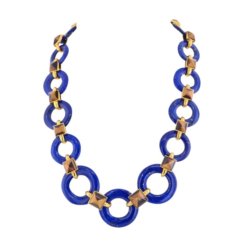 Aldo Cipullo ALDO CIPULLO 18K YELLOW GOLD LAPIS LAZULI DISCS AND SQUARE TIGERS EYE NECKLACE