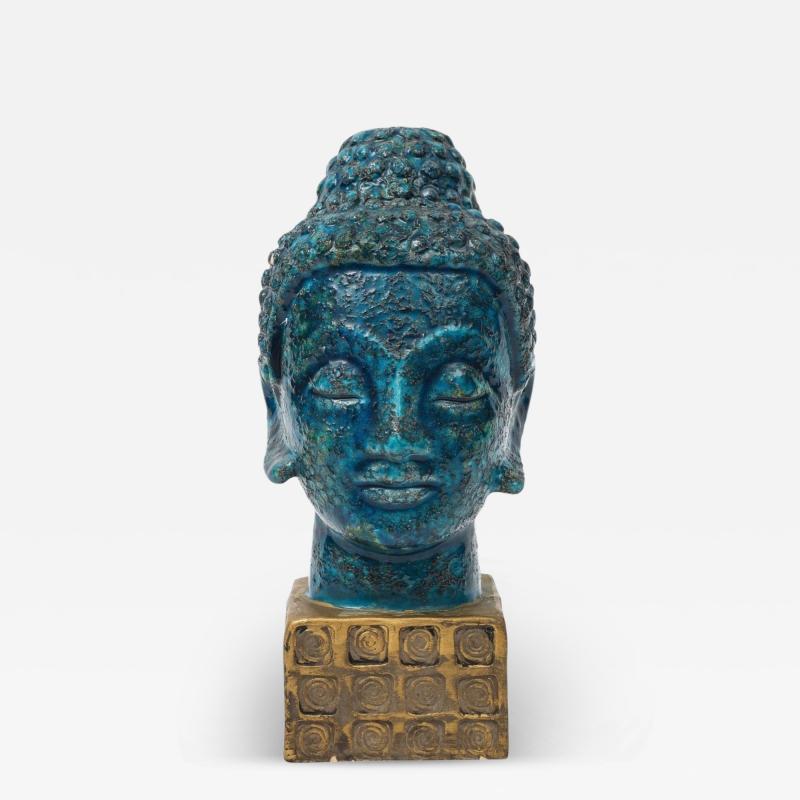 Aldo Londi Aldo Londi Bitossi Buddha Head Sculpture Cinese Blue Gold Ceramic Italy 1960s