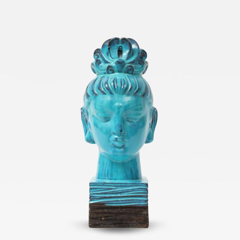 Aldo Londi Aldo Londi for Bitossi Kwan Yin Guanyin Head Sculpture Cyan Turquoise Glazed