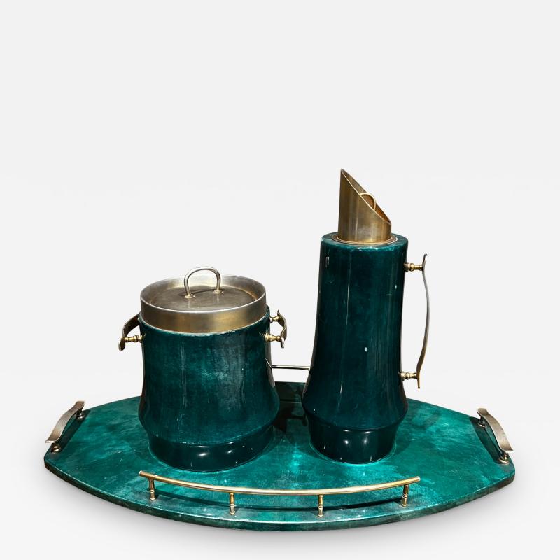 Aldo Tura 1960s Aldo Tura Green Goatskin Brass Barware Set Ice Bucket Carafe Tray Italy