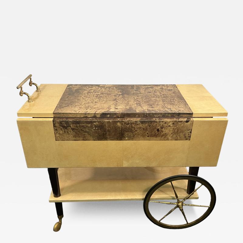 Aldo Tura ALDO TURA MID CENTURY YELLOW BROWN GOATSKIN DOUBLE DRAWER BAR CART