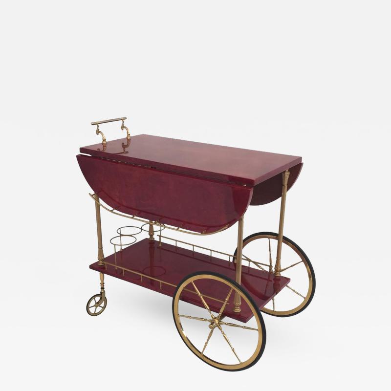 Aldo Tura Aldo Tura Drop Leaf Bar Cart in Red Parchment