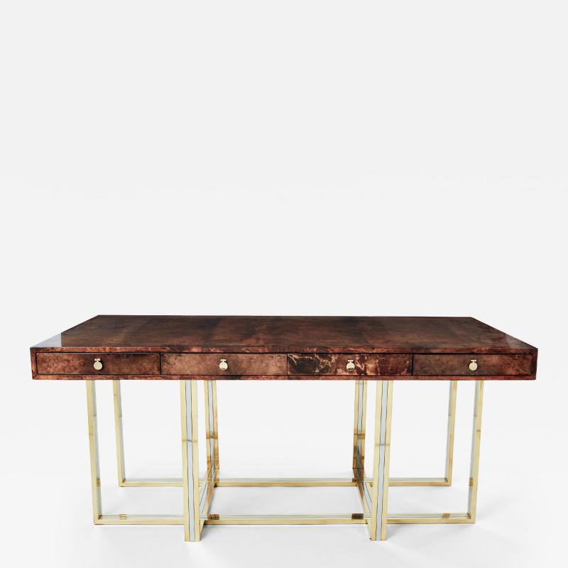 Aldo Tura Aldo Tura large desk brown goatskin parchment brass chrome 1960s