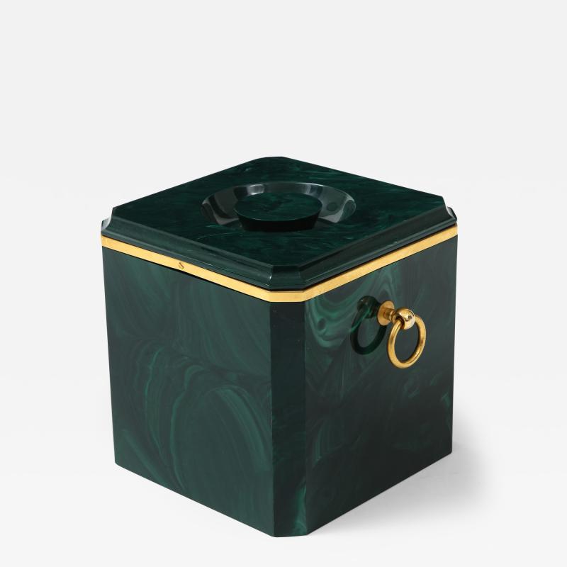 Aldo Tura Faux Malachite Ice Bucket with Brass Rings by Aldo Tura