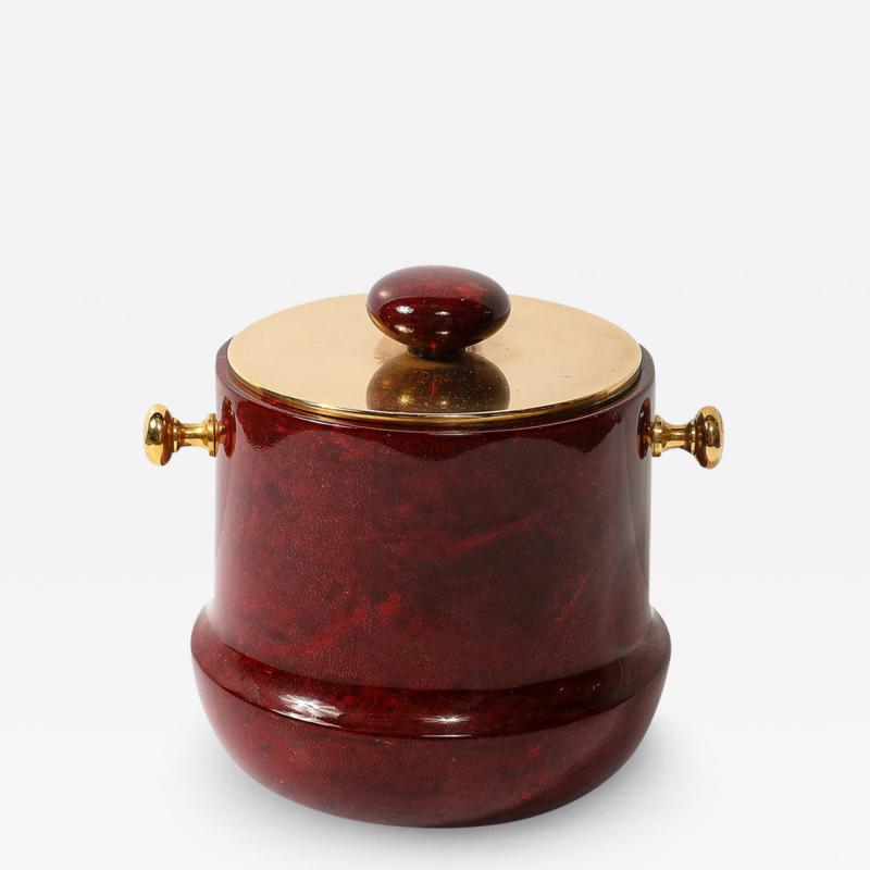 Aldo Tura Mid Century Ice Bucket in Oxblood Lacquered Goatskin Brass by Aldo Tura