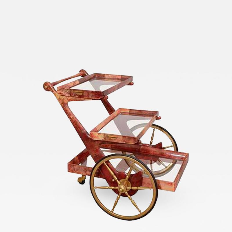 Aldo Tura Mid Century Rose Tone Goatskin Bar Cart by Aldo Tura