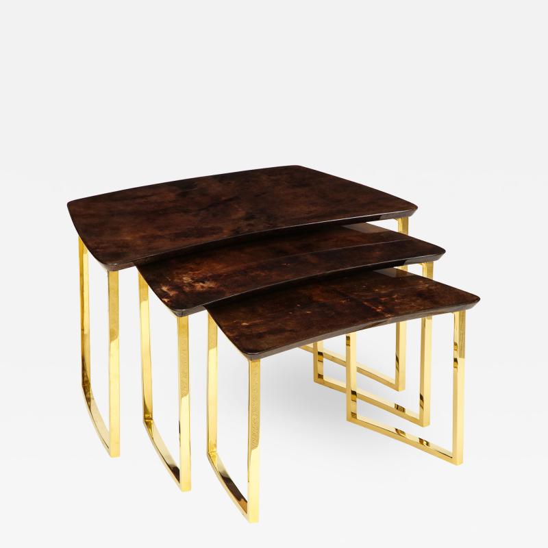 Aldo Tura SET OF THREE NESTING TABLES WITH ALDO TURA LACQUERED PARCHMENT TOPS