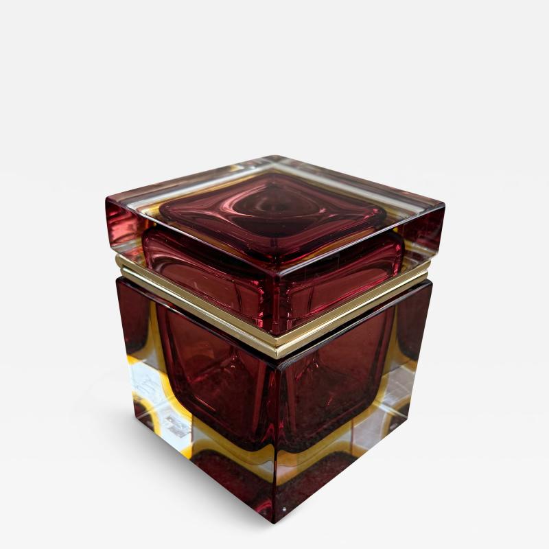 Alessandro Mandruzzato Hand Blown Murano Glass Box in Ruby Amber with 24Karat Gold Trim