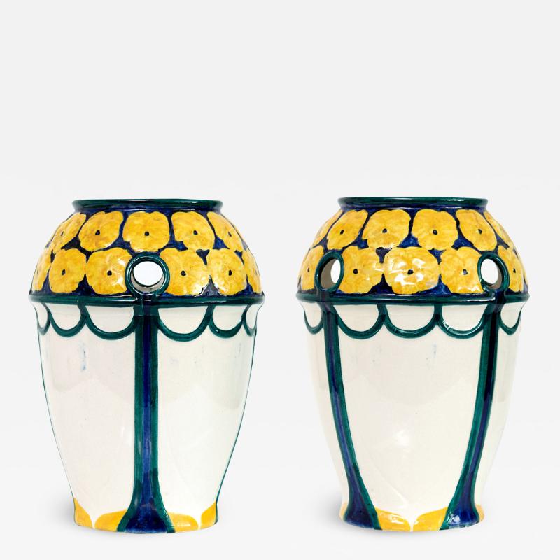 Alf Wallander PAIR OF ALF WALLANDER VASES WITH YELLOW FLOWERS ON BLUE Sweden Rorstrand