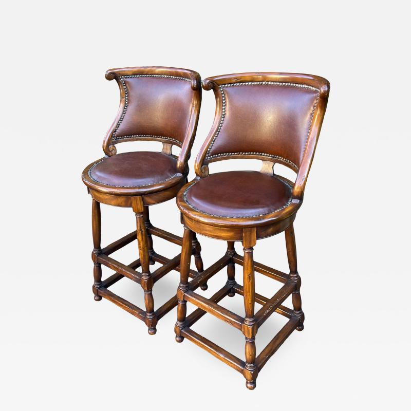 Alfonso Marina Alfonso Marina Ebanista Spanish Colonial Leather Bar Stools a Pair