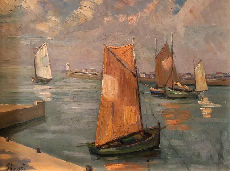 Alfred Genasi Post Impressionist oil of Sailboats in Brittany