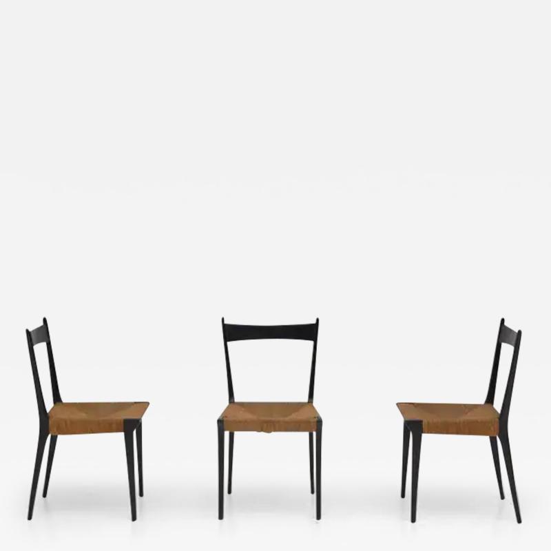 Alfred Hendrickx Cane and Black Lacquered Dining Chairs by Alfred Hendrickx Set of Six