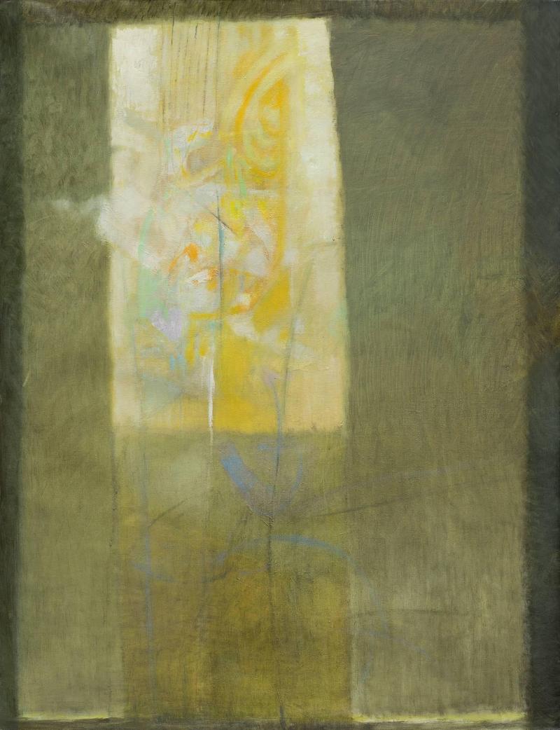 Alfredo Aya Vitrales Amarillo 4 Abstract Oil Painting with Green and Yellow Colors