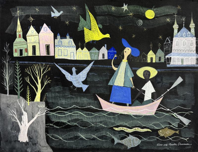 Alice and Martin Provensen Mid Century Fairy Tale Childrens Book Illustration Girl in a Boat Signed