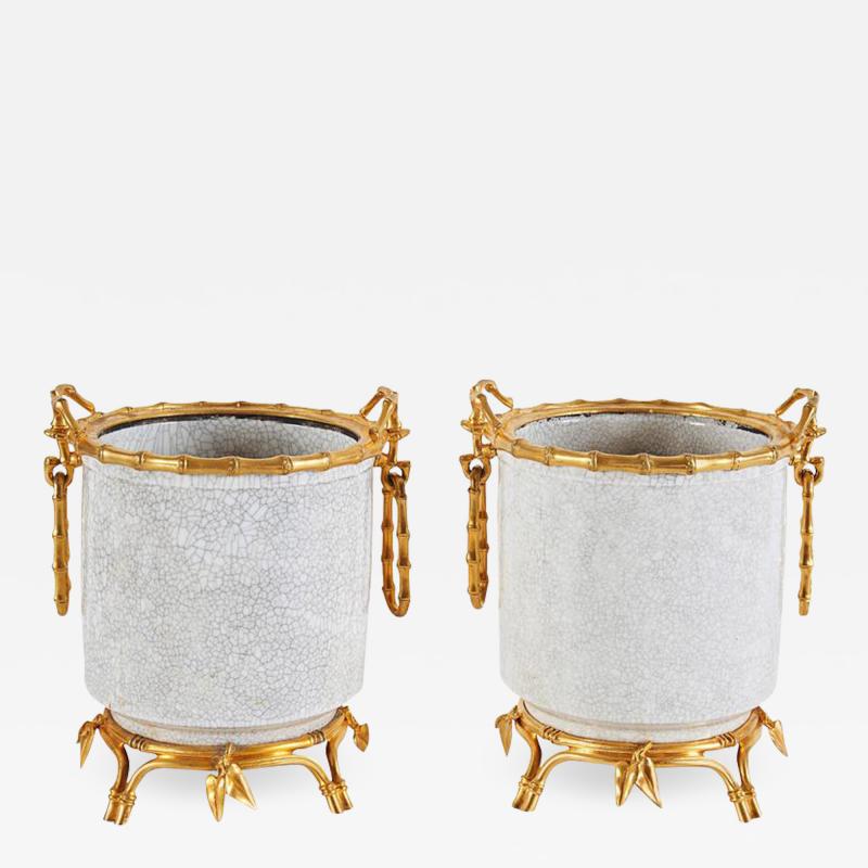 Alphonse Giroux et Cie French Japonsime Ormolu Mounted Chinese Crackle Glaze Porcelain Cahcepots Pair