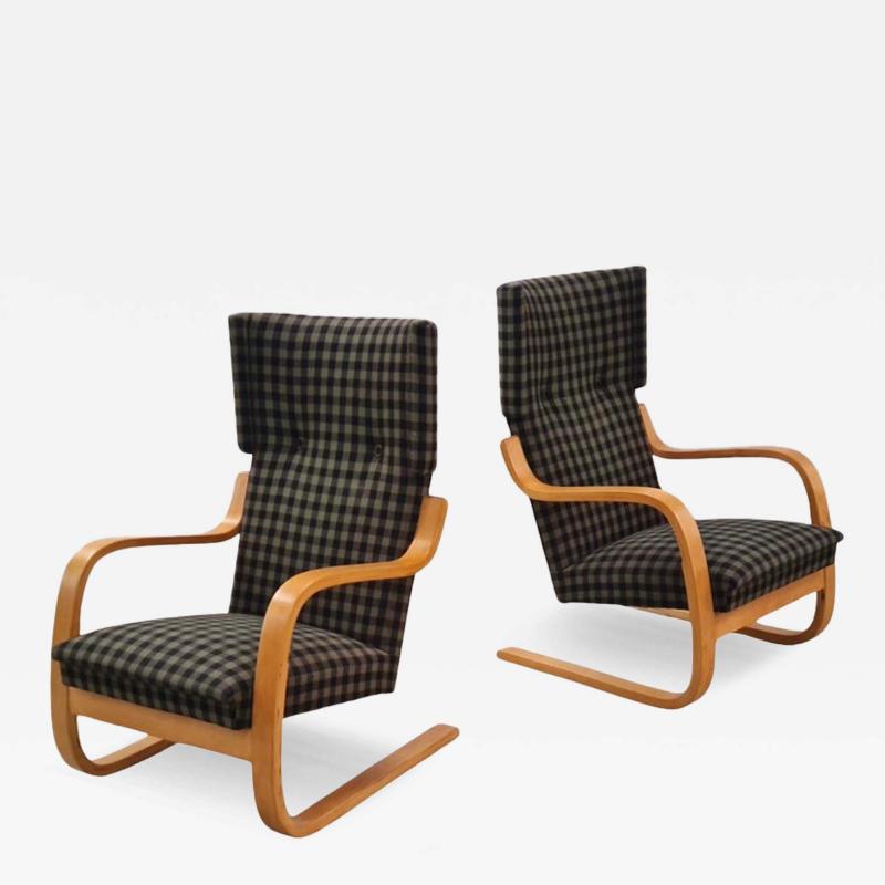 Alvar Aalto Alvar Aalto Pair of Cantilever Armchairs M 401 Green Buffalo Check Artek 1950s