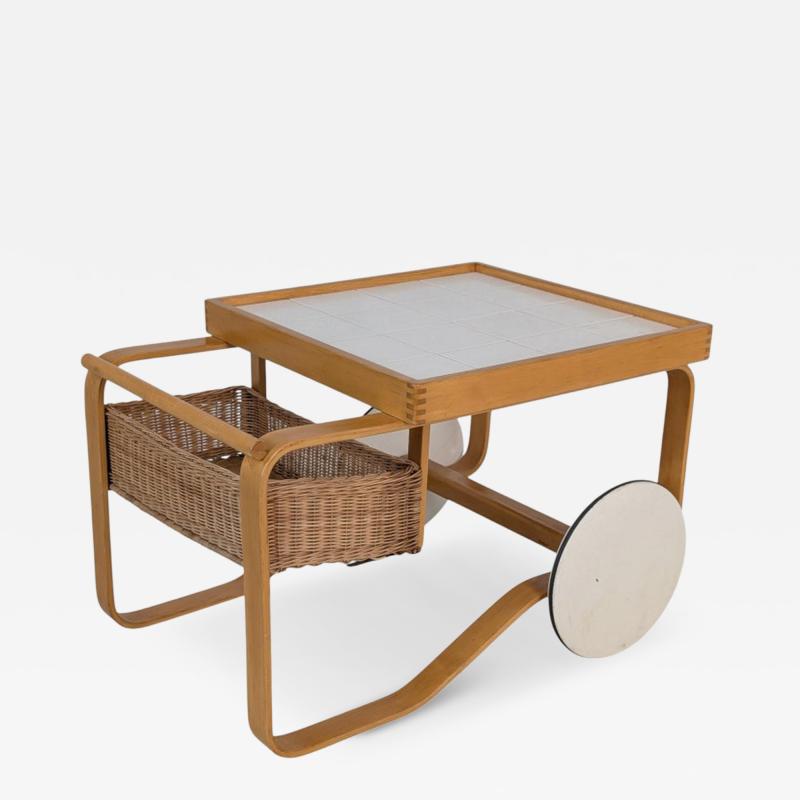 Alvar Aalto Alvar Aalto Tea Trolley 900 Birch Rattan White Tiles Artek Finland 1960s