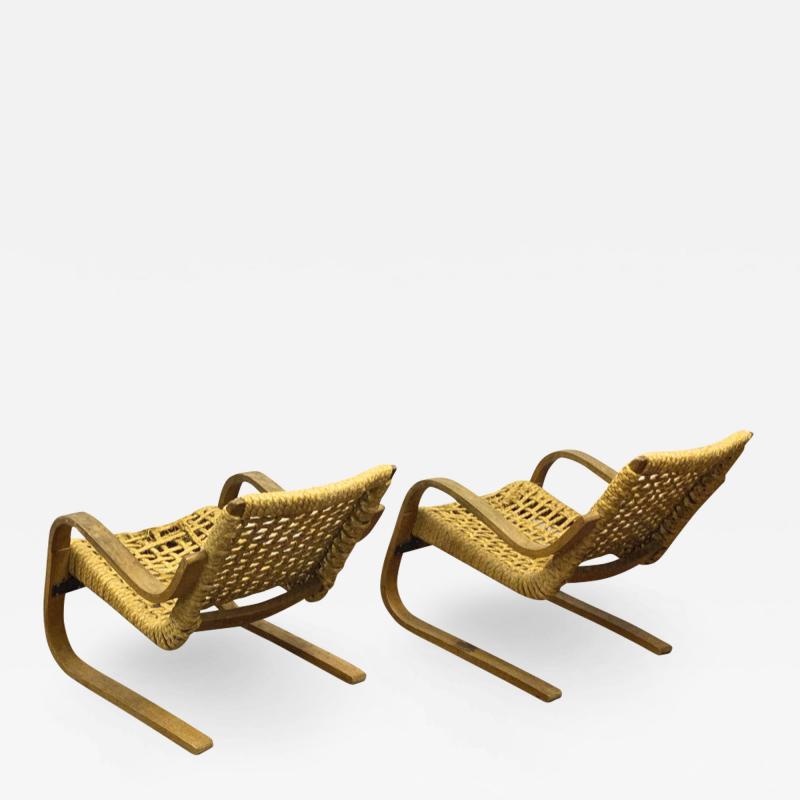 Alvar Aalto Alvar Alto for Artclair rarest pair of curved wood rope lounge chair