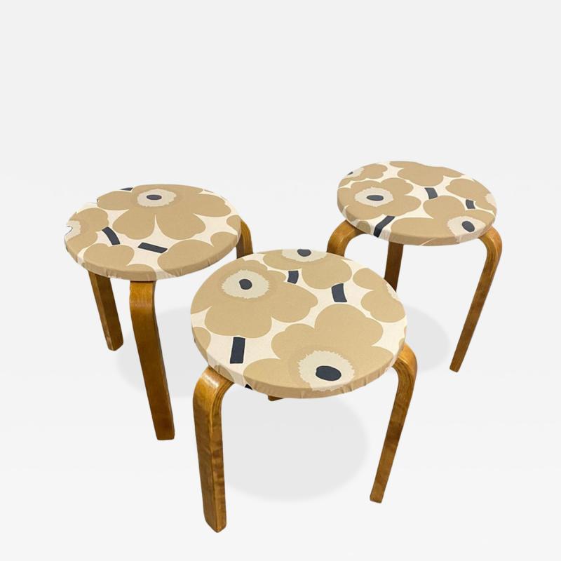 Alvar Aalto Set of 3 Alvar Aalto Stackable Stools Model 60 Marimekko Fabric Artek 1940s