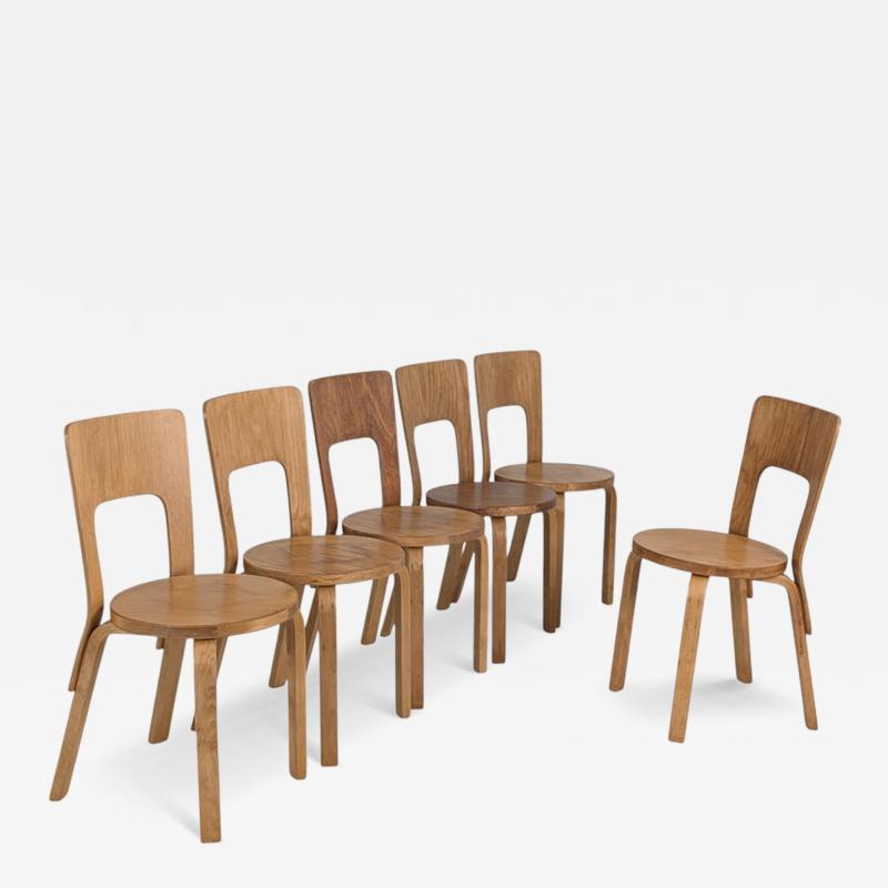 Alvar Aalto Set of Six Alvar Aalto Model 66 Chairs in Birch Artek 1950s