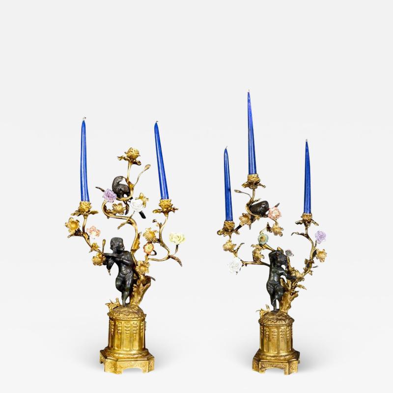 Amazing Pair of French 19th Century Bronze and Gilt Bronze Candelabras