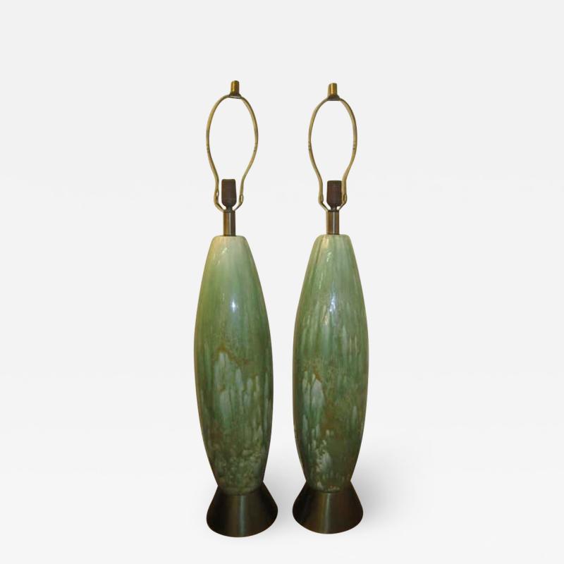 Amazing Pair of Tall Slender Ceramic Drip Glaze Lamps Midcentury