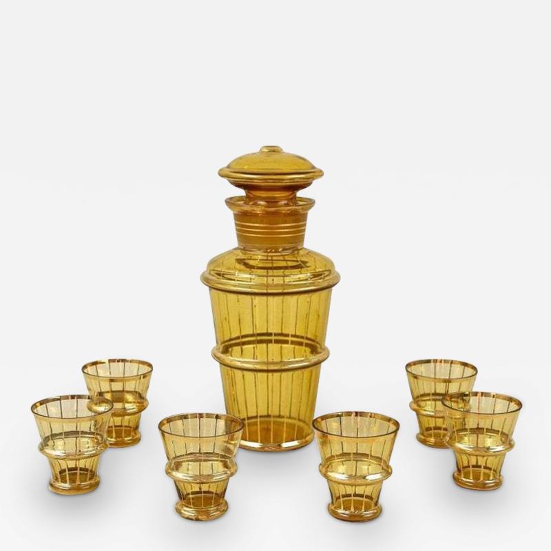 Amber Colored Gilt Art Deco Glass Decanter Set with 6 Shot Glasses CZ ca 1920