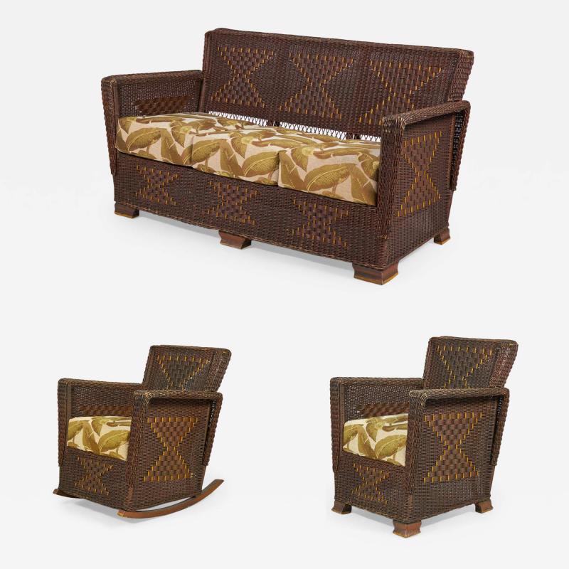 American Art Deco 3 Piece Wicker Salon Set