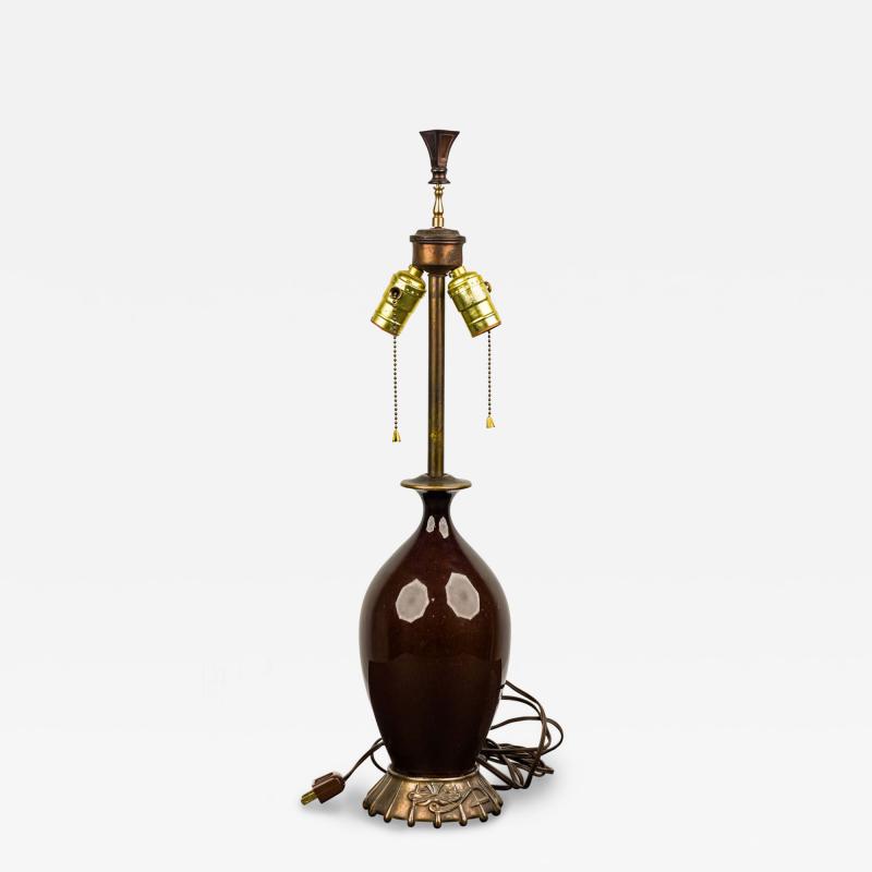 American Art Deco Style Oxblood Red Porcelain and Brass Table Lamp