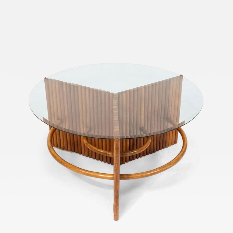 American Art Moderne Pine Faux Bamboo and Glass Coffee Table
