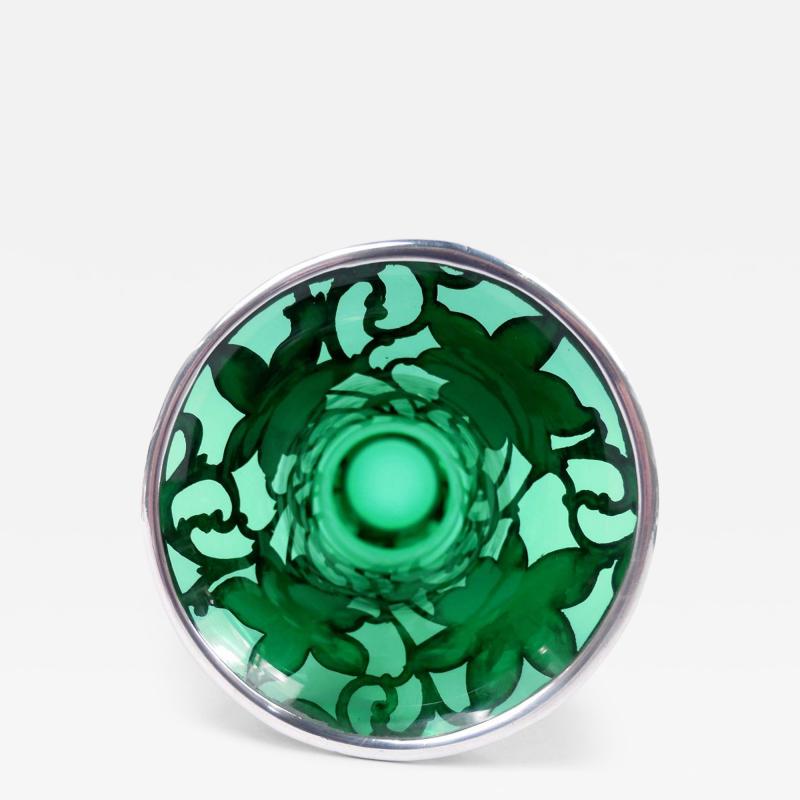 American Art Nouveau Green Silver Overlay 12 Inch Vase