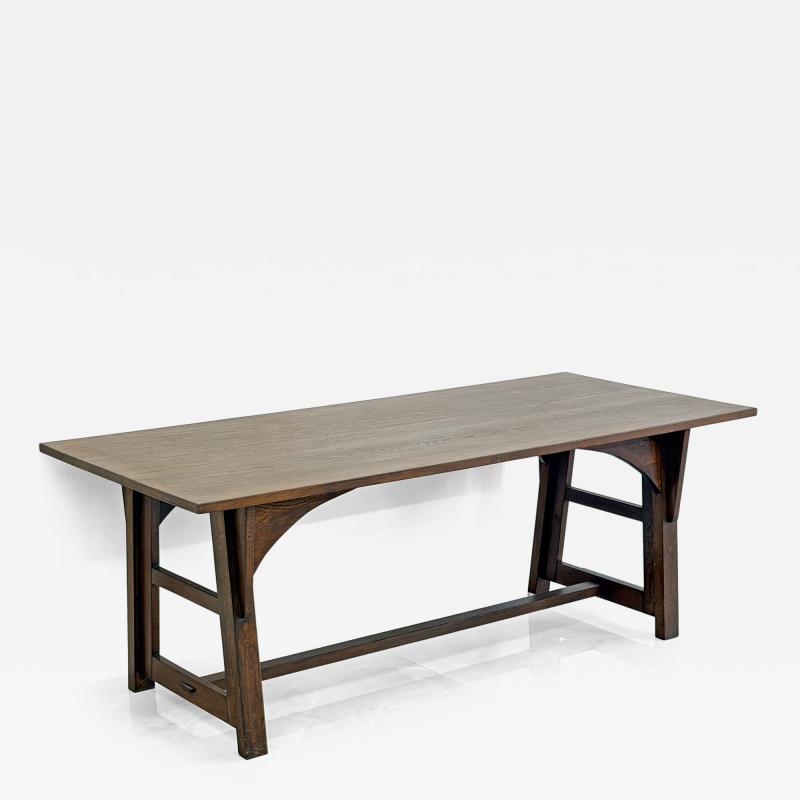American Arts and Crafts Solid Oak Trestle Dining Table 1960s