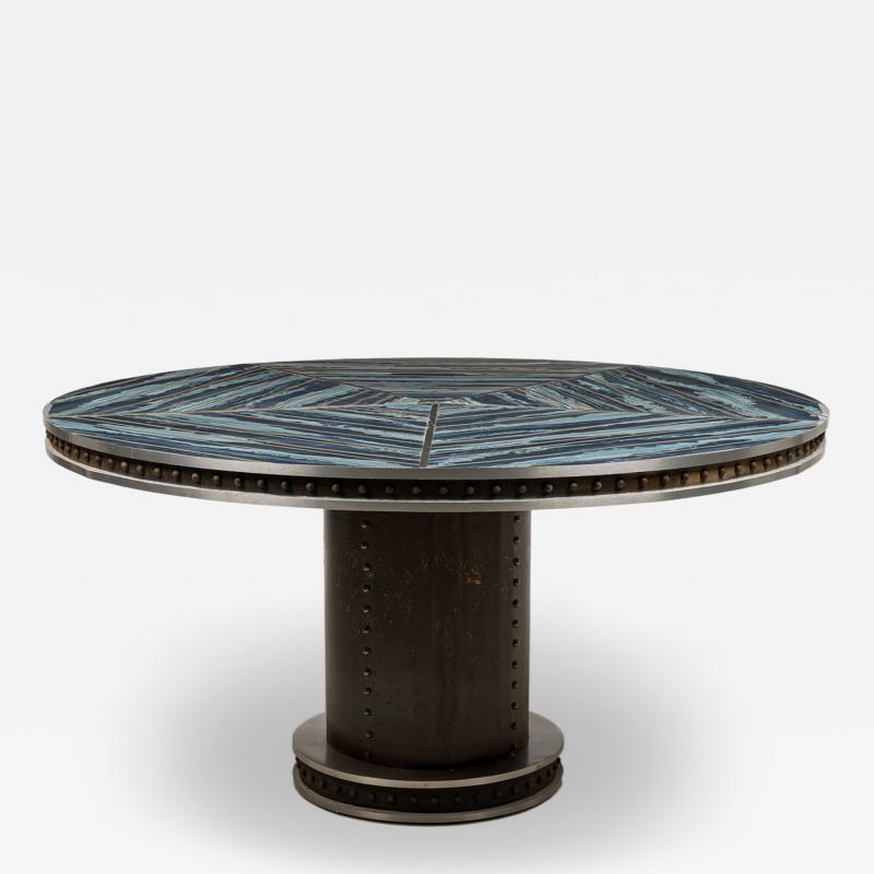 American Contemporary Brutalist Round Dining Table with Blue Faux Marble Top