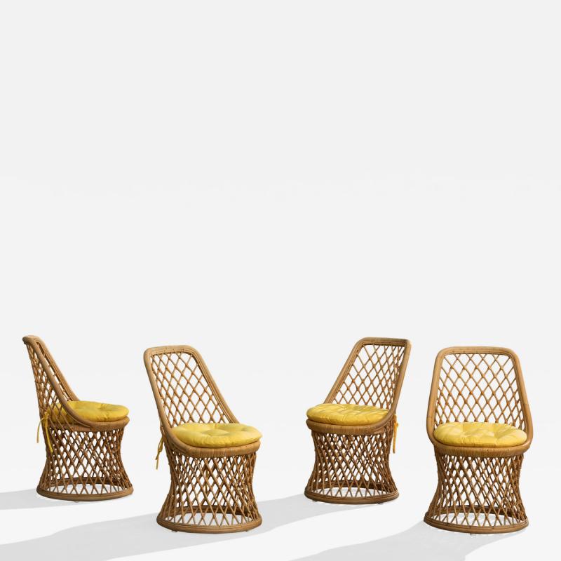 American Designer Dining Room Chairs with Bamboo Rattan and Fabric USA 1970s