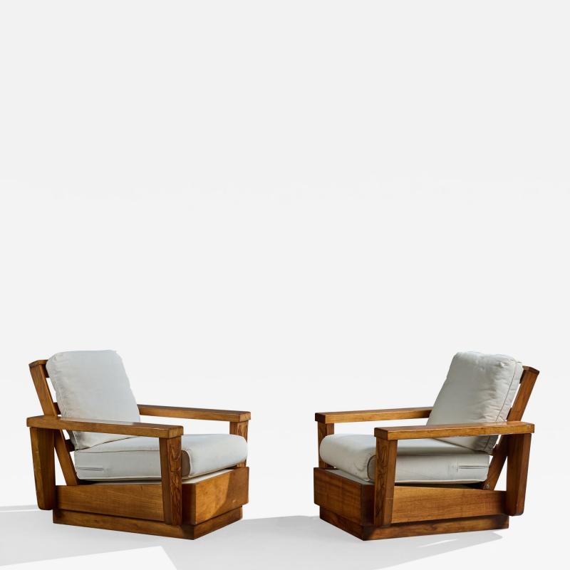 American Designer Lounge Chairs with Wood and Fabric USA 1950s