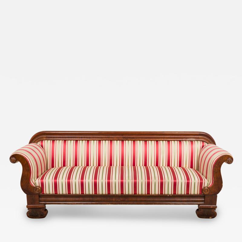 American Empire Style Mahogany and Beige Red and Green Striped Upholstery Sofa