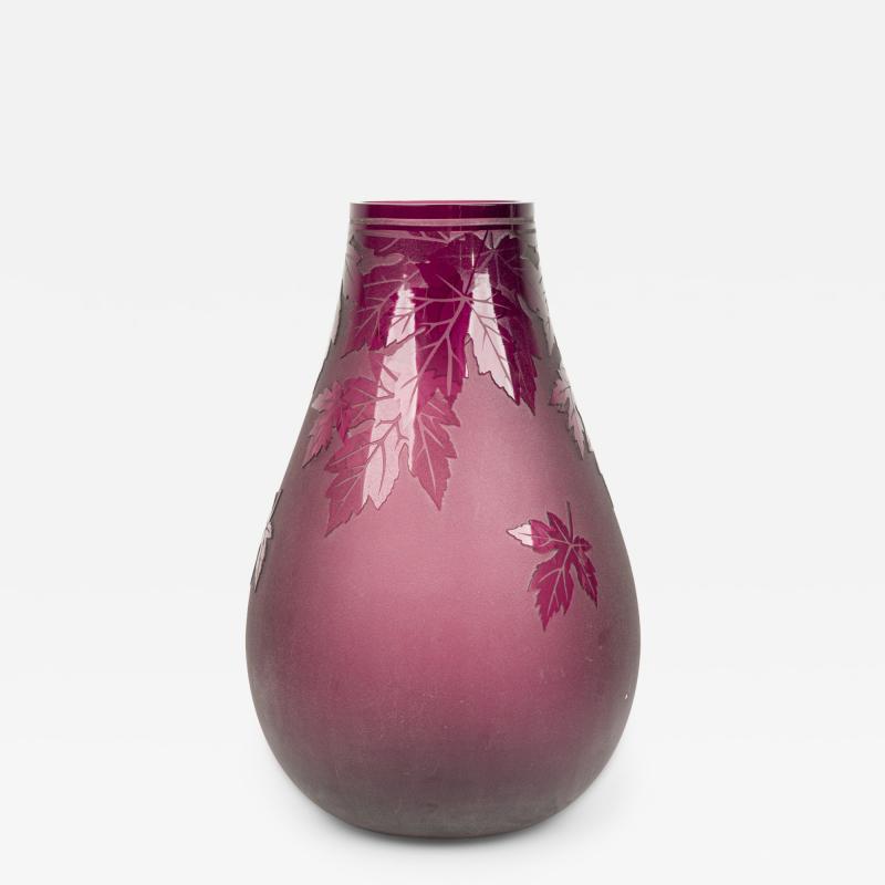 American Mid Century Large Red Glass Vase With Leaf Designs