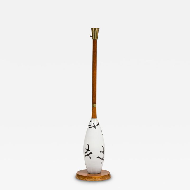 American Mid Century Milk Glass and Wooden Stem Floor Lamp