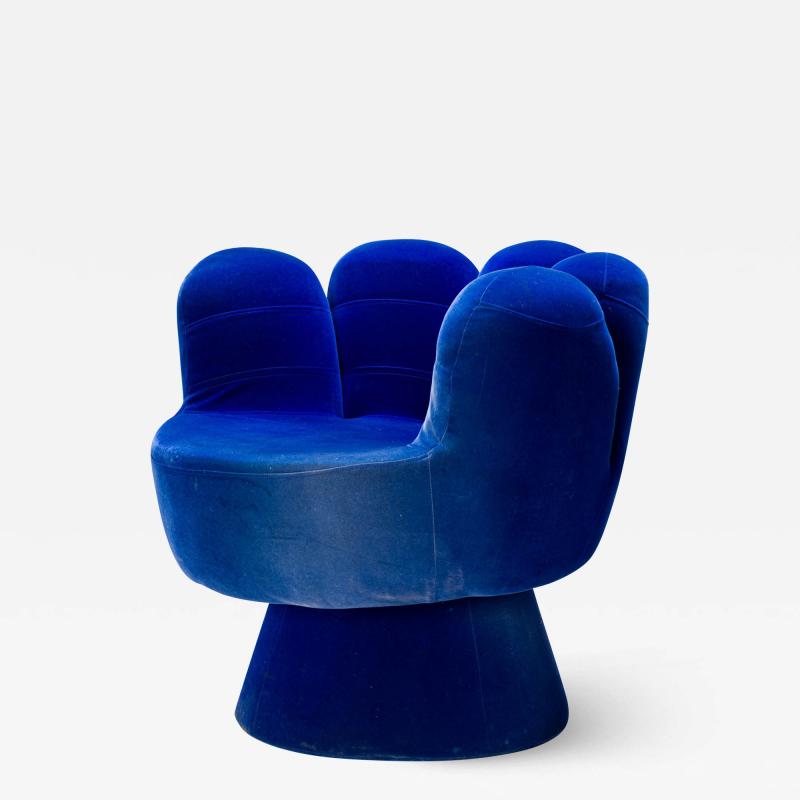 American Mid Century Pop Art Style Blue Velour Upholstered Hand Chair