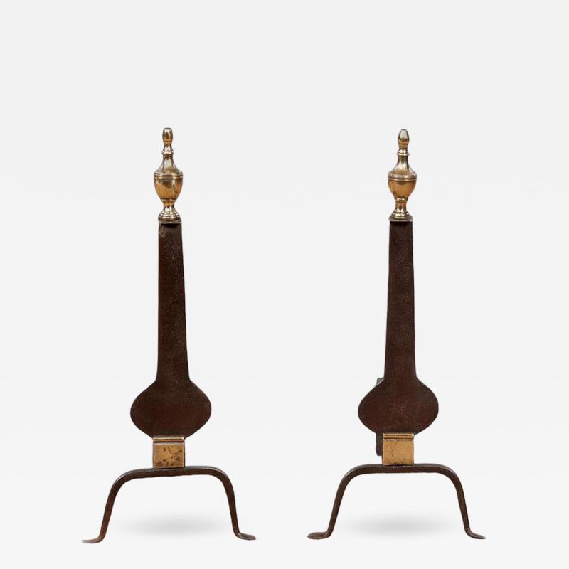 American Neoclassical Iron and Brass Andirons