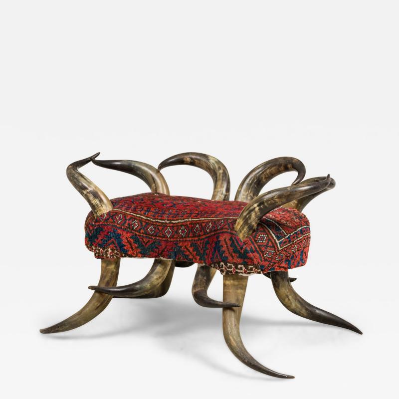 American Rustic Horn and Kilim Upholstered Chair Bench