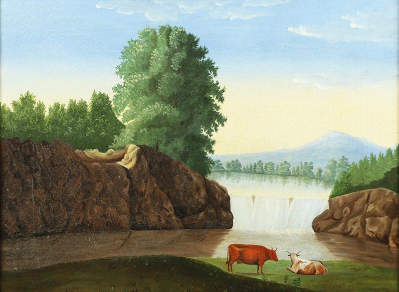 American School Landscape View of Two Cows and a Waterfall