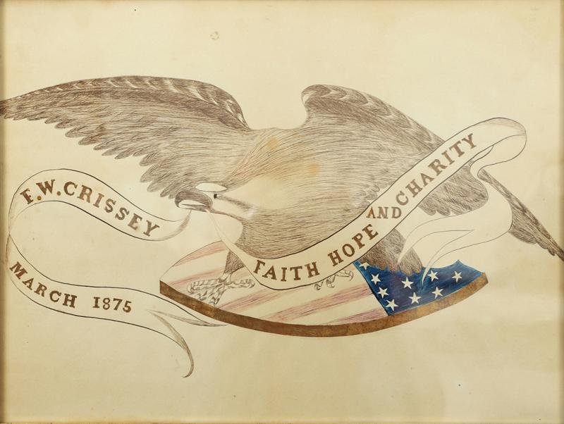 American School Patriotic Calligraphy Depicting an Eagle Banner and Shield