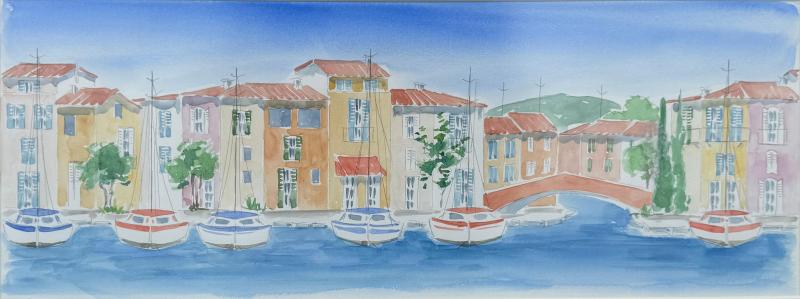 American School Watercolor of waterfront scene