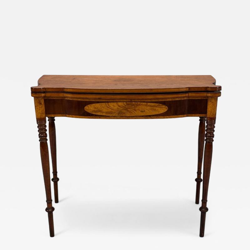American Sheraton Mahogany Tulipwood Serpentine Inlaid Card Table USA 1810