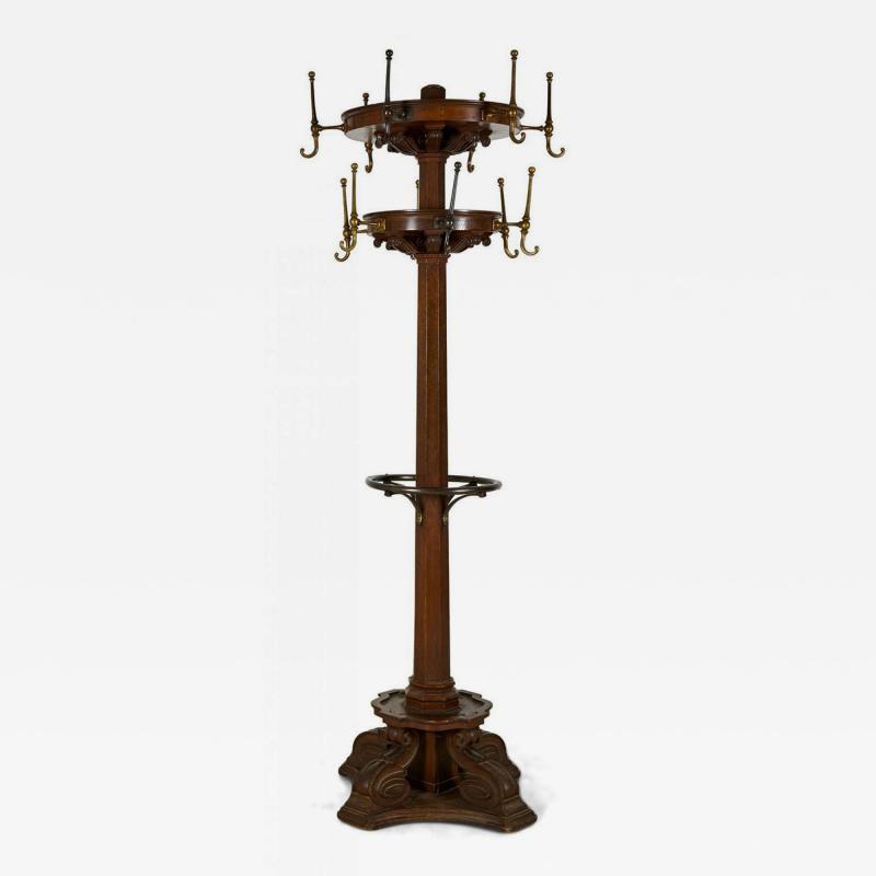 American Victorian Carved Oak and Brass Coat Hatrack