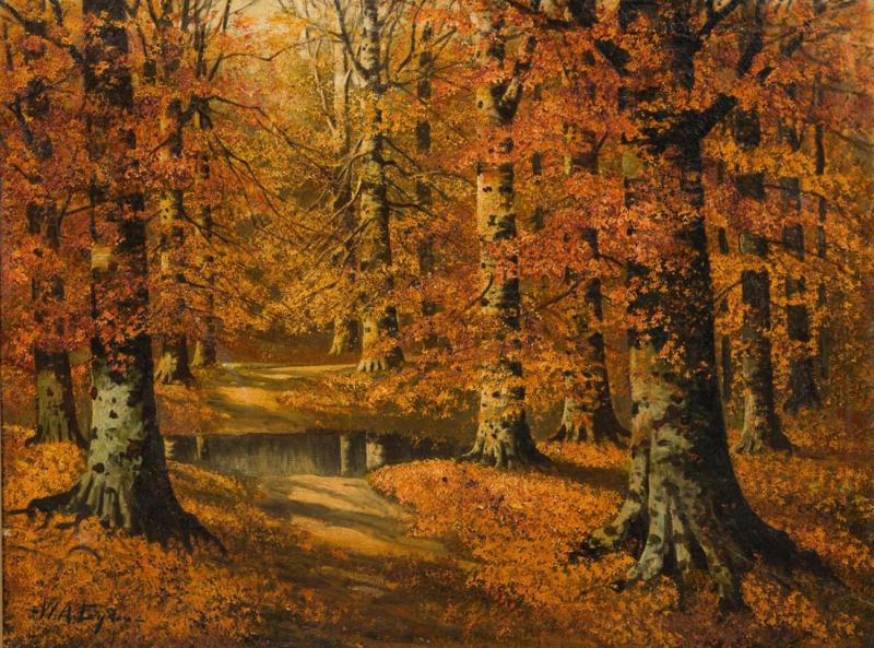 American Victorian Landscape Painting Of Autumn Trees Near A Lake