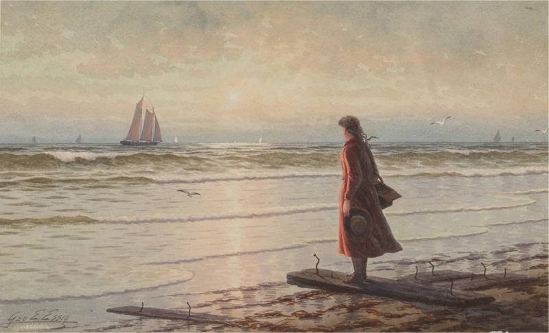 American Victorian Watercolor Of Girl In Red Dress