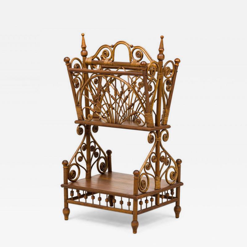 American Victorian Wicker and Wood 2 Tiered Decorative Magazine Stand